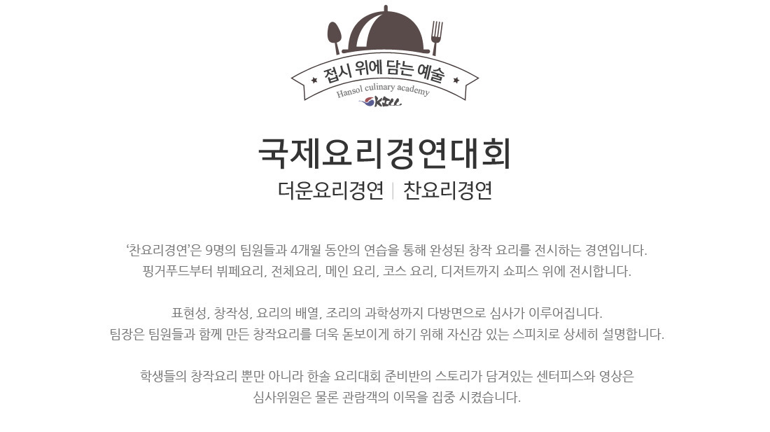 9인 전시 & 테이블 서비스. ‘찬요리경연’은 9명의 팀원과 4개월 동안의 연습을 통해 완성된 창작 요리를 전시하는 경연입니다.
핑거푸드부터 뷔페요리, 전체요리, 메인 요리, 코스 요리, 디저트까지 쇼피스 위에 전시합니다.
표현성, 창작성, 요리의 배열, 조리의 과학성까지 다방면으로 심사가 이루어집니다.
팀장은 팀원들과 함께 만든 창작요리를 더욱 돋보이게 하기 위해 자신감 있는 스피치로 상세히 설명합니다.
학생들의 창작요리뿐만 아니라 한솔 요리대회 준비반의 스토리가 담겨있는 센터피스와 영상은
심사위원은 물론 관람객의 이목을 집중시켰습니다.