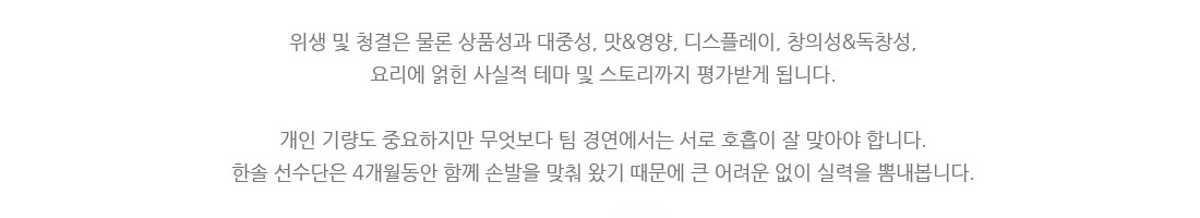 외식프랜차이즈 산업체에서 적용할 수 있도록 개발하는 ‘외식프랜차이즈요리경연’입니다.
5인 1조가 되어 3종류의 메뉴를 Take-Out 형식으로 제출합니다.
위생 및 청결은 물론 상품성과 대중성, 맛&영양, 디스플레이, 창의성&독창성,
요리에 얽힌 사실적 테마 및 스토리까지 평가받게 됩니다.
개인 기량도 중요하지만 무엇보다 팀 경연에서는 서로 호흡이 잘 맞아야 합니다.
한솔 선수단은 4개월동안 함께 손발을 맞춰 왔기 때문에 큰 어려운 없이 실력을 뽐내봅니다.