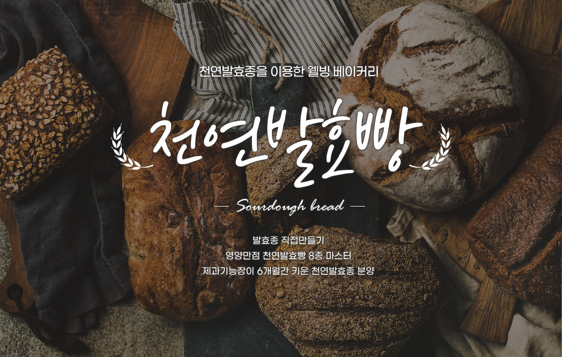 천연발효종을 이용한 웰빙베이커리 - 천연발효빵 만들기
2월 7일 총 8회 오후 7시
발효종 직접만들기, 영양만점 천연발효빵 10종 마스터, 제빵기능장이 6개월간 키운 천연발효종 분양