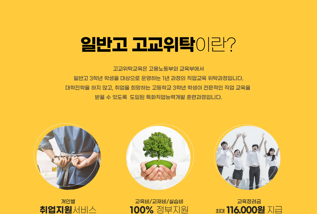 일반고 고교위탁이란?
                                                              고교위탁교육은 고용노동부와 교육부에서 일반고 3학년 학생을 대상으로
                                                              운영하는 1년 과정의 직업교육 위탁과정입니다.
                                                              대학진학을 하지 않고, 취업을 희망하는 고등학교 3학년 학생이
                                                              전문적인 직업 교육을 받을 수 있도록 도입된 특화직업능력개발 훈련과정입니다.